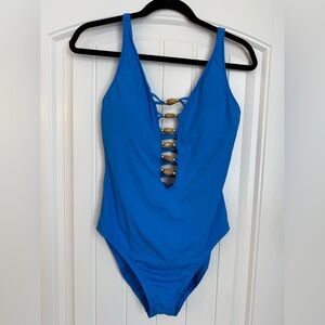 Bleu Rod Beattie Blue One-Piece Swimsuit with Gold Accents